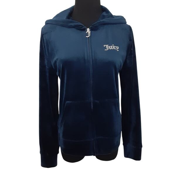 Juicy Couture Velour Track Jacket Y2K Rhinestone Bling Full Zip Hoodie Blue M - Picture 3 of 14